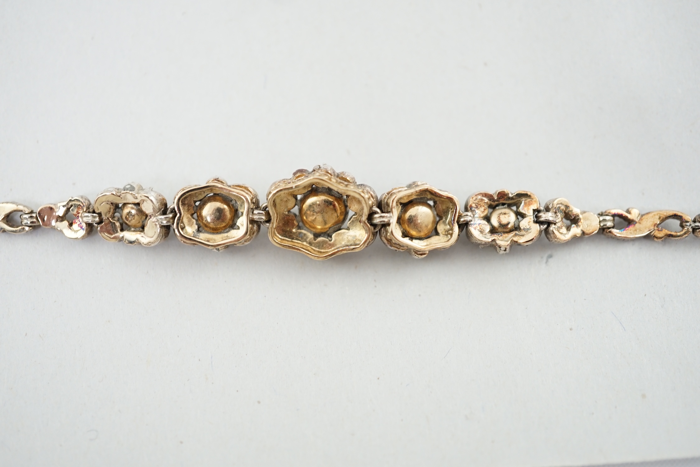 An early 20th century continental 14k gold and rose cut diamond cluster set bracelet